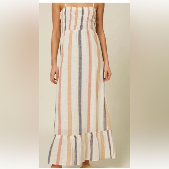 O'Neill Dresses & Skirts - O’Neill Woman’s Striped Lane Maxi Dress SMALL Ruffle Ivory Gauze Stretch Boho
